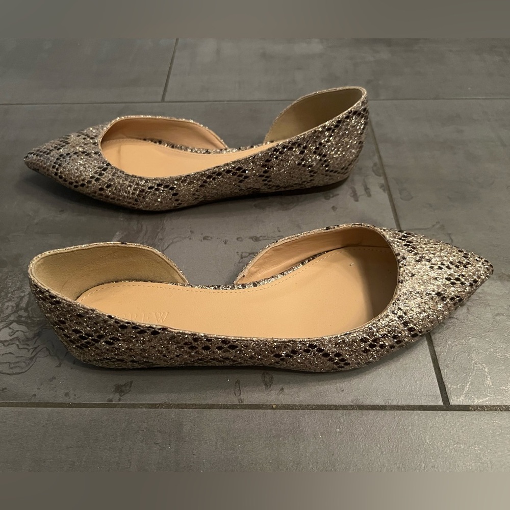 J Crew Glitter Snakeskin D’Orsay dorsay Audrey Flats Size 7 Gold Bown EUC